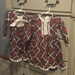Girls Red Plaid Lace-Trim Long Sleeve Dress